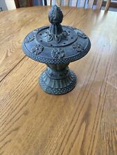 Exquisite Vintage Cast Iron Candle Holder w Lid, Green Ornate Heavy picture