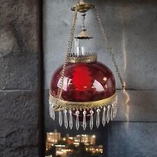 Antique Victorian RUBY RED PARLOR LAMP JEWELED PRISMS ELECTRIFIED OIL LAMP picture