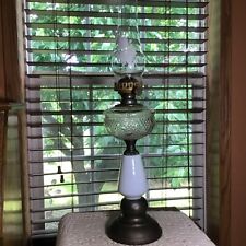 Beautiful Antique Composite White Milk Glass Oil Lamp With Roses Chimney 25 1/2” picture