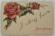 1910 Red Rose Flowers Easter Greetings, Kellogg, Iowa IA postcard, pc picture