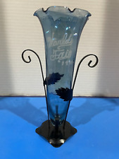 VINTAGE 1940 WORLDS FAIR BLUE RIPPLE GLASS FLOWER VASE ART DECO SOUVENIR picture