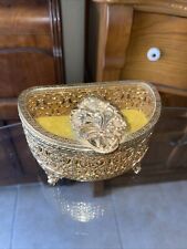 Vintage Ormolu Gold Filigree Floral Glass Jewelry Box picture