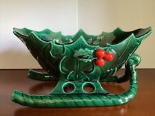Vintage Lefton Christmas Sleigh Holly Berry Green Planter Holiday #1346 MCM picture