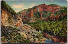 Postcard Vintage Linen 1939 Oak Creek Canyon Arizona AZ Old Bus picture
