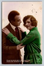 Lovers Embrace Woman Stares At You Beautiful Hand Color Tinted ANTIQUE Postcard picture
