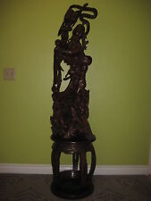 Huge VTG Chinese Handcarved Wooden Old Monk w/3 Young Monks Sculpture w/Stand picture