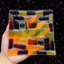 Square Fused Art Glass Iridescent Multicolor Squares Plate Dish Glass Vintage picture