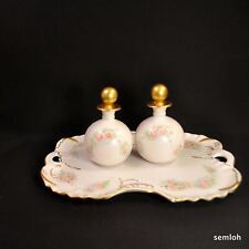 Vanity Dresser Tray 2 Perfume Bottles Pink Roses w/Gold Hand Painted Artist F.W. picture