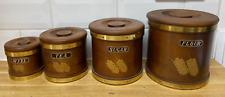 Vintage Mid Century Nesting Kitchen Canister set Wood Brass picture