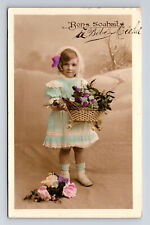 RPPC Young French Girl Dress & Bouquet Flowers Hand Colored Real Photo Postcard picture