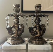 Vintage Rococo Regency Ornate Cherubs Riding Koi Brass and Marble Candle Holders picture