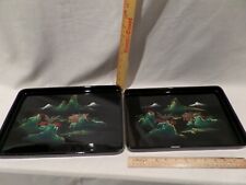 LOT OF 2 BLACK LAQUER VINTAGE ASIAN NESTING SERVING TRAYS / CENTERPIECES BY ARTN picture