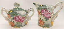 Vintage Faux Limoges China Green Floral with Gold Large Creamer Pitcher & Sugar picture