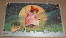 Jolly Halloween 1909 Postcard- Moon Cat, Broom Girl with Hat picture