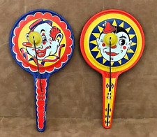 (2) Vintage KIRCHHOF Clown Face Round Metal Tin Litho Noisemakers Made In U.S.A. picture
