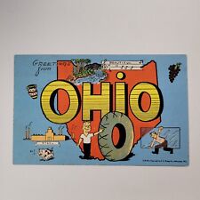 Greetings From OHIO Vintage Kropp Map Postcard Steel Mill Tire Grapes 1940s picture