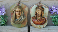 PAIR vintage italian wood carved relief madonna jesus figurine onyx plaque  picture