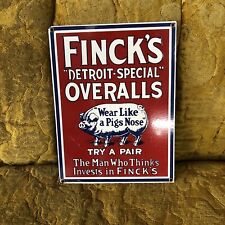 Vintage Fincks Overalls Porcelain 12” Sign Textile Factory Detroit Special Pig picture