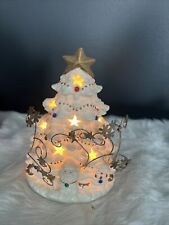 Vintage White Ivory Christmas Tree Light wGold Star Trim Jewels Santa Snowman 8” picture