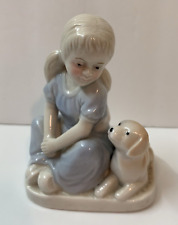 Vintage Figurine Little Girl With Her Dog - Blue White - 4” picture