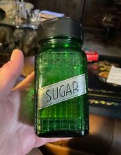 Vintage Emerald Green Sugar Label Shaker Jar Owen’s Illinois  picture