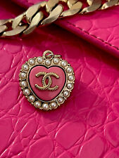23mm Gold Vintage Stamped Chanel Designer Button Tag Pink & Pearl Heart Charm 💖 picture