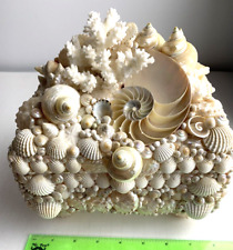 Hand Made Coastal Seashell Encrusted Trinket Box Jewelry Box nautilus, coral... picture