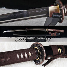  T10 Steel Clay Tempered Japanese Katana Samurai Sword Brown Tsukamaki Sageo picture