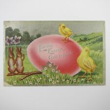 Easter Postcard Rabbits & Yellow Chicks Red Colored Egg Embossed Antique 1911 picture