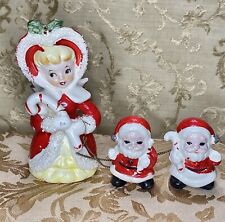VTG Rare Tilso Angel Mom & 2 SANTA Babies On Leash W Candy Canes Spaghetti Trim picture