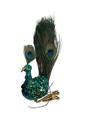 Peacock Real Feather Blue Green Teal Sequined Glitter Clip On Ornament picture
