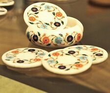 Coffee Inlay Work White Marble Tea Coaster  Precious Stone Flower   picture