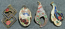4 Vintage decorated cloisonne enamel goldtone metal pendants picture