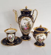 Rare Dresden Richard Klemm Teapot  Cup Sugar Bowl Set Cobalt Gilt Dim w/ Lovers picture