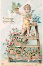Birthday Fine Embossed Angel On Plant Stand Roses Sharp 1910  picture