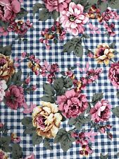 1.5-YARDS Vintage Blue Gingham/Roses Cotton Canvas Upholstery Fabric 60