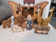 Vintage Wood Noahs Ark W/Animals Fold Down Ramp Kids Toy Sunday School Farmhouse picture