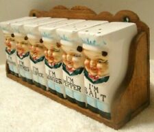 7pc Set 6 Ceramic Happy Chefs Spice Shakers & Wood Wall Rack Vintage Japan picture