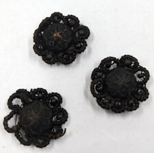 Small Antique Mourning Victorian Edwardian Black Beaded Flower Adornments 22mm picture