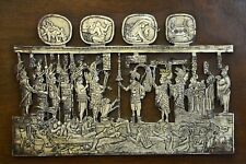 VTG MEXICAN ART MAYAN AZTEC REPRESENTATION OF WAR IN SILVER ON A WOOD c1970 vg picture