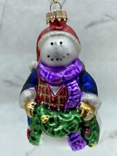 Vintage Blown Glass Snowman Holding Garland Ornament 3.75” picture