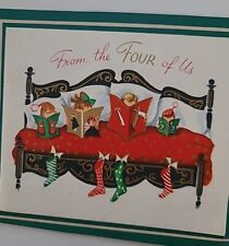 1950s Vtg FROM THE FOUR OF US Family Reading Books in Bed CHRISTMAS CARD picture