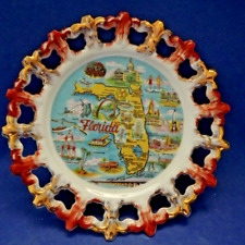 Vintage Florida State Pink Gold Scallop Edge Map Souvenir Ceramic Plate Retro picture