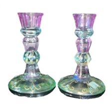 2 Vintage Retired Iridescent Glass Partylite Candleholders Mardi Gras Bohemian picture
