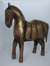 Wood Carved Armored War Horse with Detailed Brass Trojan Brutalist Folk Art picture