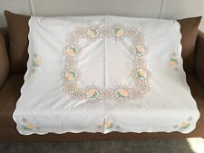 Vintage Mid Century Embroidered Tulip Floral Garden Scalloped Tablecloth FLAWS picture