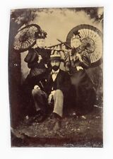 19thC Tintype Group Portrait Bearded Man in Straw Boater w 2 Women Open Parasols picture