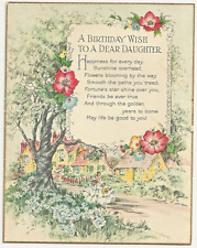 1930s Birthday Flat Card - Greeting Victorian Young Lady Cottages Hibiscus VTG picture