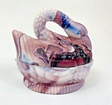Vintage Hsinchu Slag Glass Nesting Swan Covered Glass Dish Marbled Purple White picture
