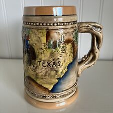Vintage Texas Ceramic Beer Stein Map Cowboy Longhorn Rodeo Bowie Knife Lasso picture